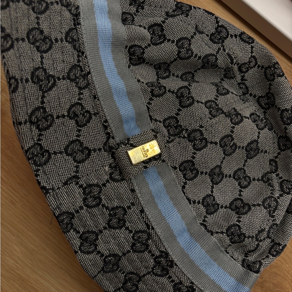 Gucci Black and Gray Monogram Hat with Blue Stripe